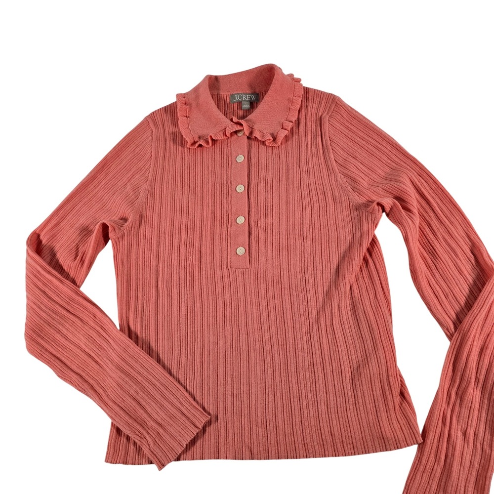 J.Crew Coral Pink 100% Merino Wool Ribbed Ruffle Collar Polo Sweater Large